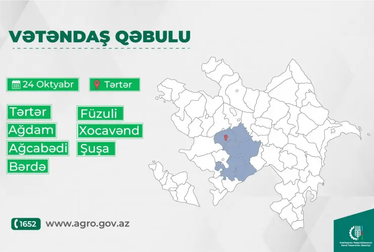 Kənd təsərrüfatı naziri Məcnun Məmmədov Tərtərdə vətəndaşları qəbul edəcək